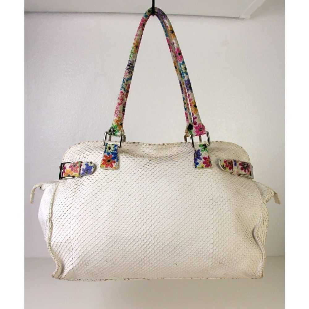 SONDRA ROBERTS SNAKE EMBOSSED WHITE GENUINE LEATHER HOBO TOTE SHOULDER BAG PURSE - Picture 3 of 11